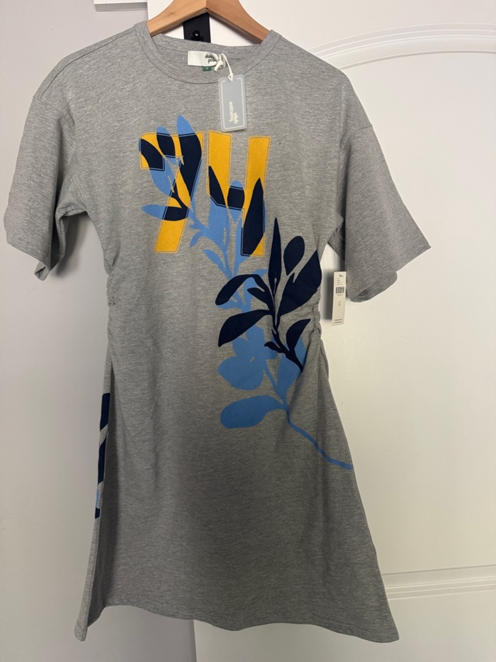 Grey Graphic Tee Dress with Blue & Yellow Botanical Print